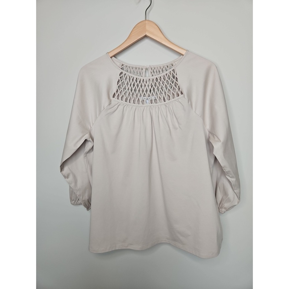 Chico's Top 2 Women L Lace Crochet Taupe Beige Neutral Cotton Stretch Boho Chic